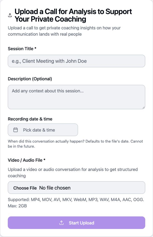 Upload form for adding a recorded conversation to Rapport Score.