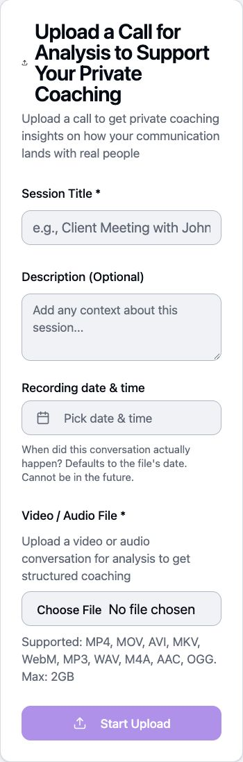 Upload form for adding a recorded conversation to Rapport Score.